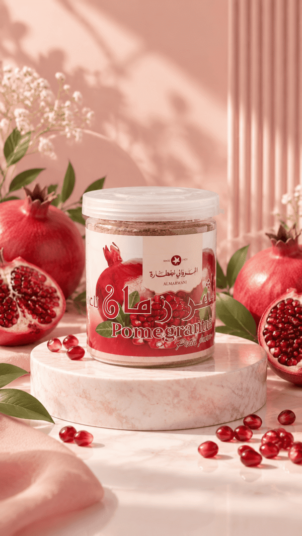 Toples serbuk kulit delima Almarwani Pomegranate Peel Powder قشر رمان yang sangat bermanfaat untuk menyehatkan lambung, mengatasi diare, dan dapat dijadikan masker alami untuk melawan jerawat serta penuaan dini kulit.