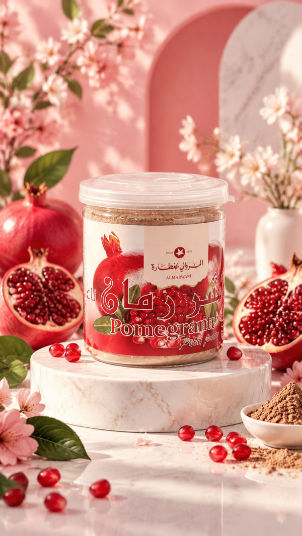 Toples serbuk kulit delima Almarwani Pomegranate Peel Powder قشر رمان yang sangat bermanfaat untuk menyehatkan lambung, mengatasi diare, dan dapat dijadikan masker alami untuk melawan jerawat serta penuaan dini kulit.