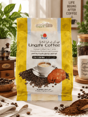 Kemasan kuning DXN Lingzhi Coffee 3 in 1 Lite Neo قهوة لينجزي yang mengandung ekstrak Ganoderma, sangat bermanfaat untuk meningkatkan vitalitas tubuh dan memelihara kesehatan sistem imun.