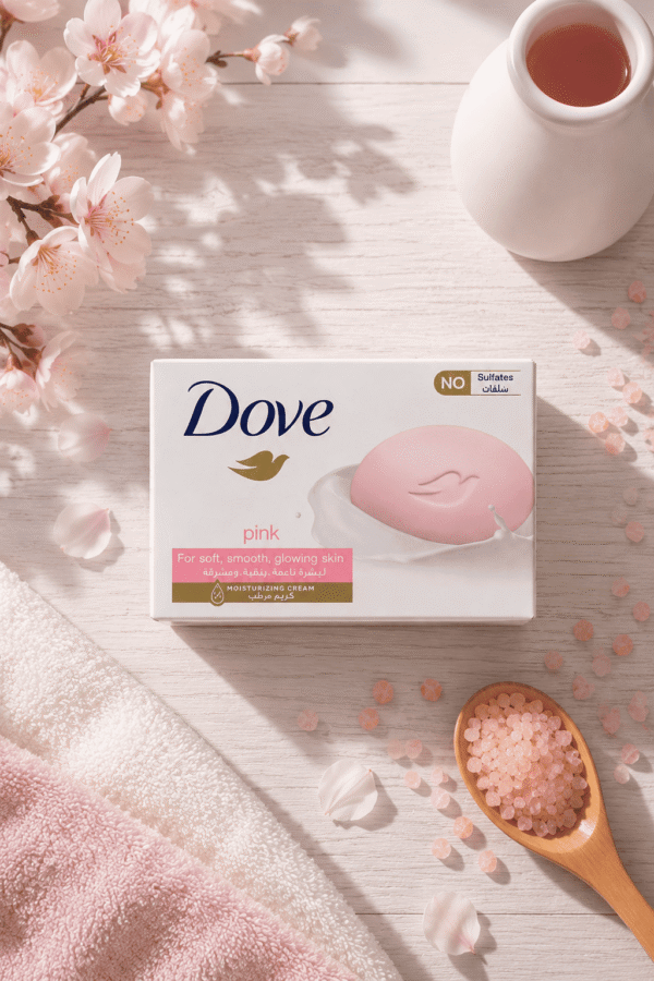 Tumpukan kotak sabun maandi batangan Dove Pink Beauty Bar tanpa sulfat untuk kulit berseri