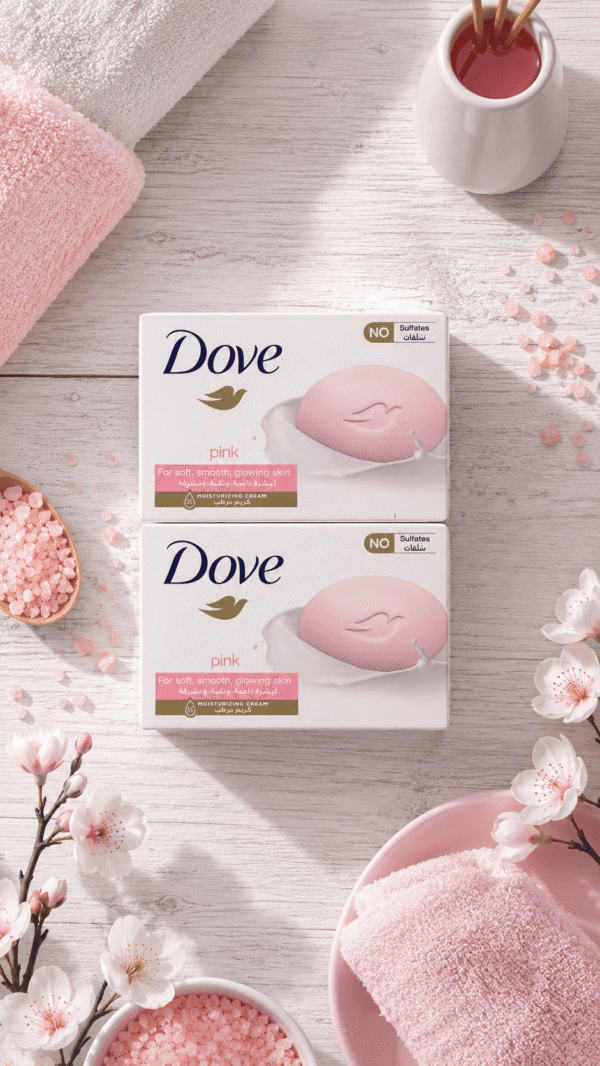 Tumpukan kotak sabun maandi batangan Dove Pink Beauty Bar tanpa sulfat untuk kulit berseri