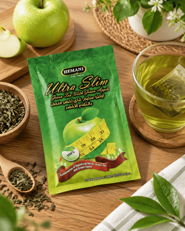 Kemasan Hemani Ultra Slim Green Tea dengan ekstrak apel hijau yang sangat bermanfaat untuk memperlancar metabolisme, mendetoksifikasi pencernaan, dan membantu menurunkan berat badan secara alami