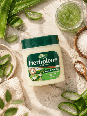 Wadah Dabur Herbolene Aloe Jelly جيلي الصبار yang sangat bermanfaat untuk memberikan kelembapan ekstra mendalam pada kulit kering, menyembuhkan tumit pecah-pecah, serta menenangkan kulit dengan ekstrak lidah buaya alami.